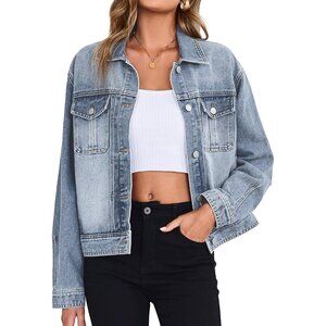 Classic Light Blue Denim Jacket Casual Chic Look Stylish Cropped Short For Women